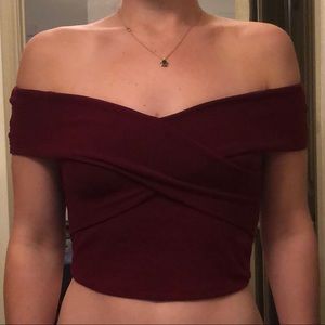 Criss Cross Off-the-Shoulder Red Ribbed Crop Top